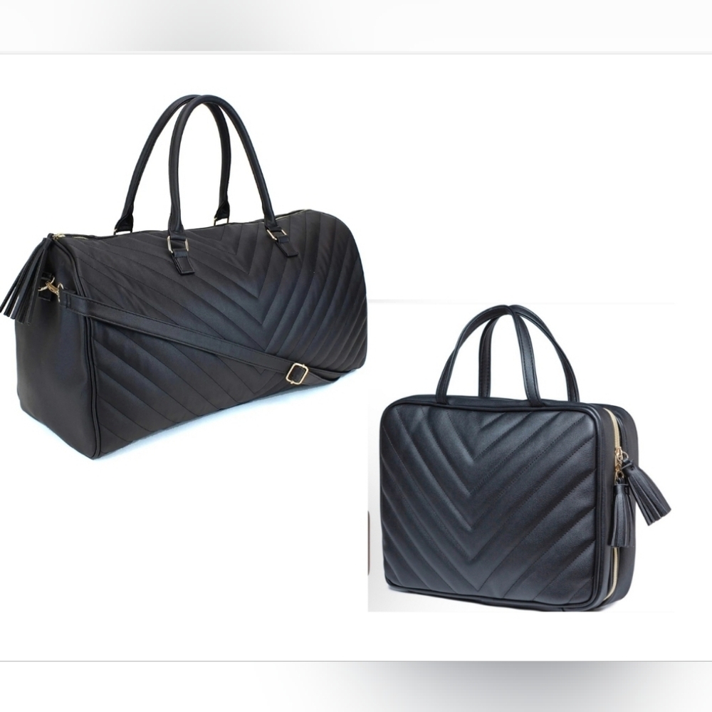 Ms Lovely Matching Vegan leather black chevron tote bag and Makeup bag NEW